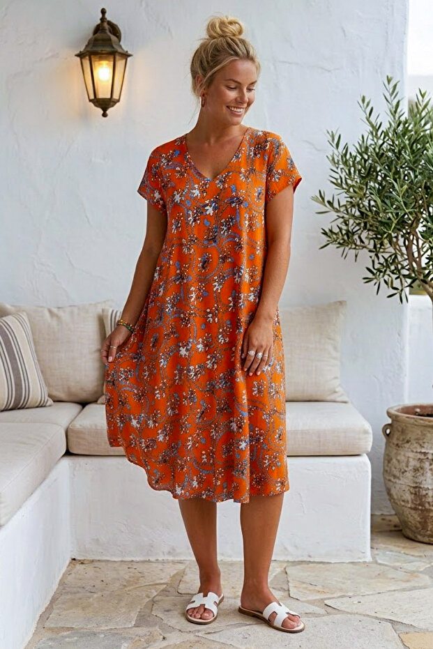 Orange V-Neck Short Sleeve Patterned Casual Viscose Woven Dress 113 64