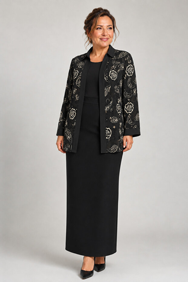 Women's Floral Patterned Shirt Blouse Double Set 64672-Black