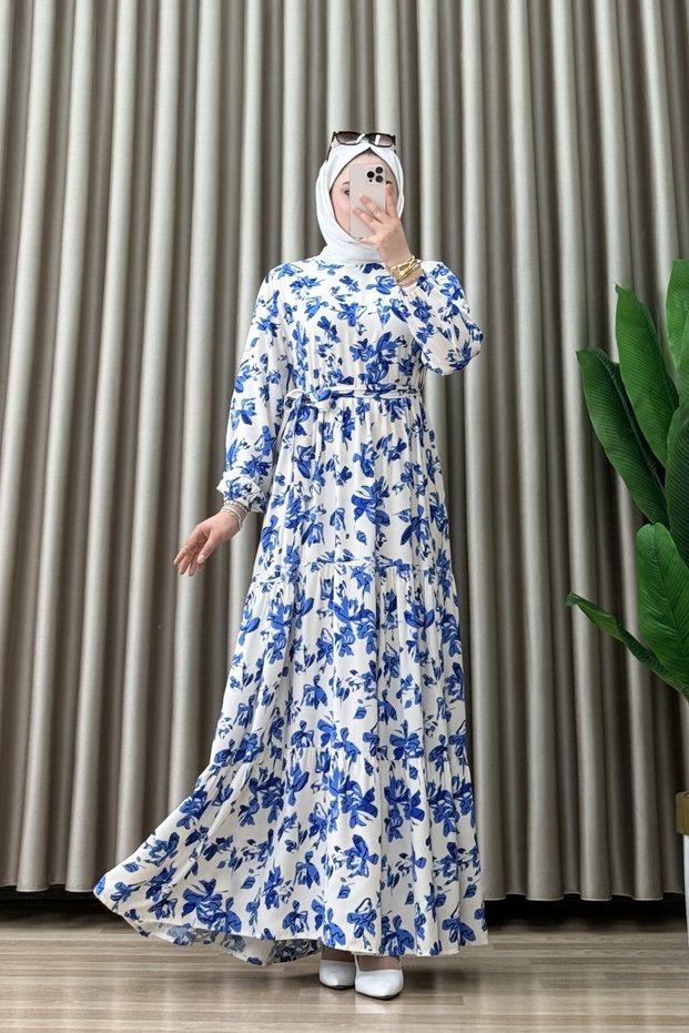 Pare Dress Viscose Fabric Women's Blue Flounce Cut Waist Mobile Lace-Up Comfortable Cut Hijab Dress
