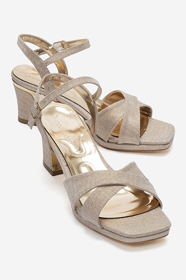 Women's Cross Galvanized Heeled Sandals; Gold Glitter