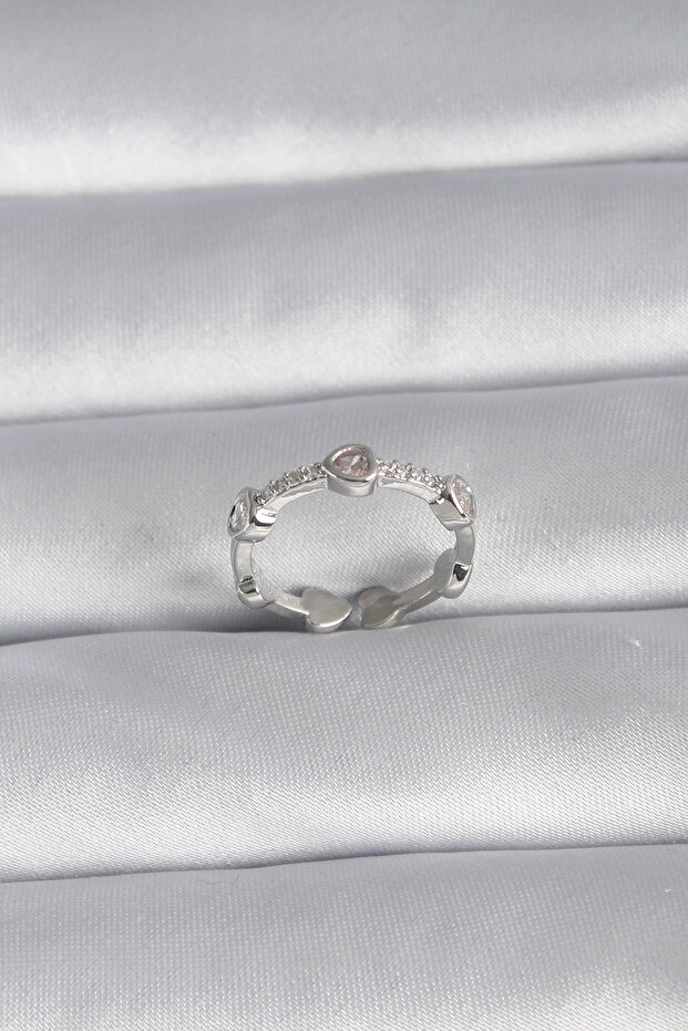 Brass Silver Color Heart Model Zircon Stone Detail Women's Ring