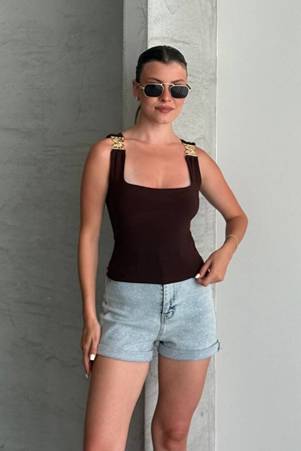 Square Neck Strap Buckle Blouse Brown