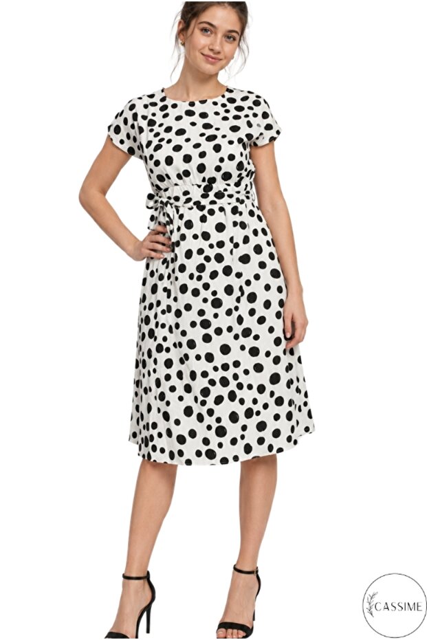 Polka Dot Patterned Viscose Dress with Waist Tie Belt