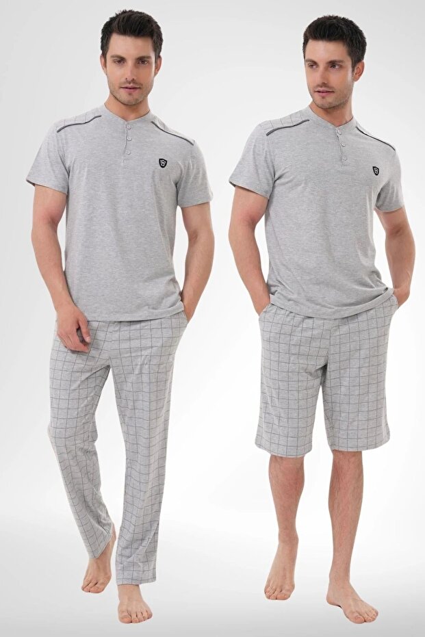 Men's Plaid Three-Piece 3-Piece Large Size Shorts+ Short Sleeve Pajama Set 100% Cotton