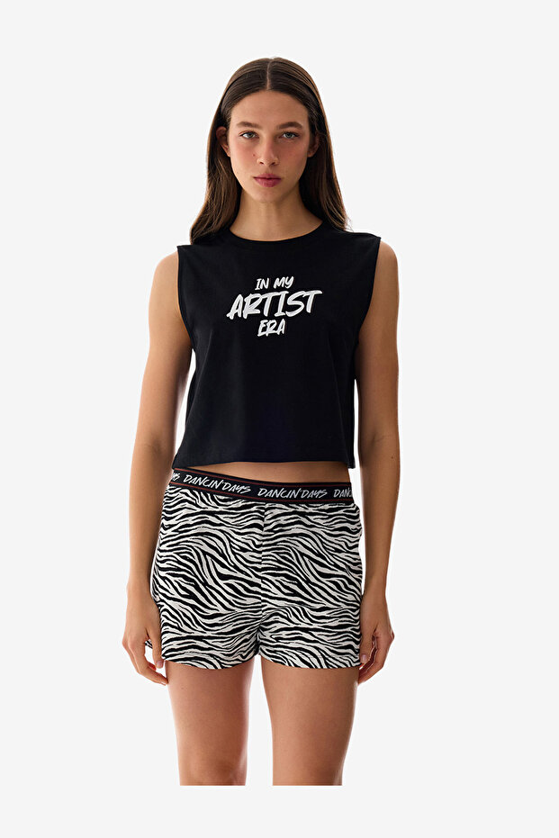 Women Artist Era Sleeveless Shorts Black Set