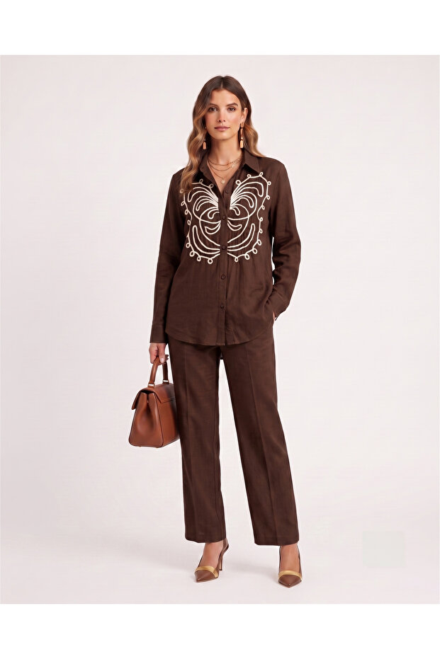Linen Two-Piece Set with Butterfly Embroidery