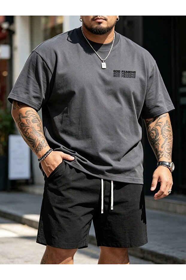 Plus Size Men's God Fearing Printed Oversize Shorts Set