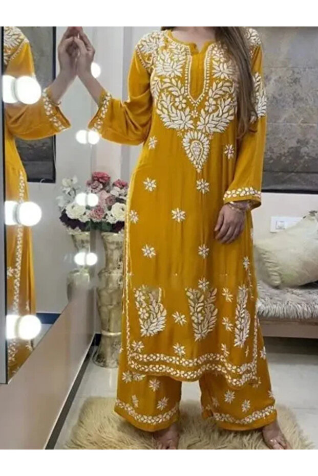 Yellow Rayon Embroidered Kameez Salwar - FFT2136 | Yellow-Size:L-40-Inches