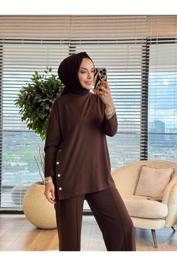 4224 بدلة مودال بأزرار جانبية باللون البني