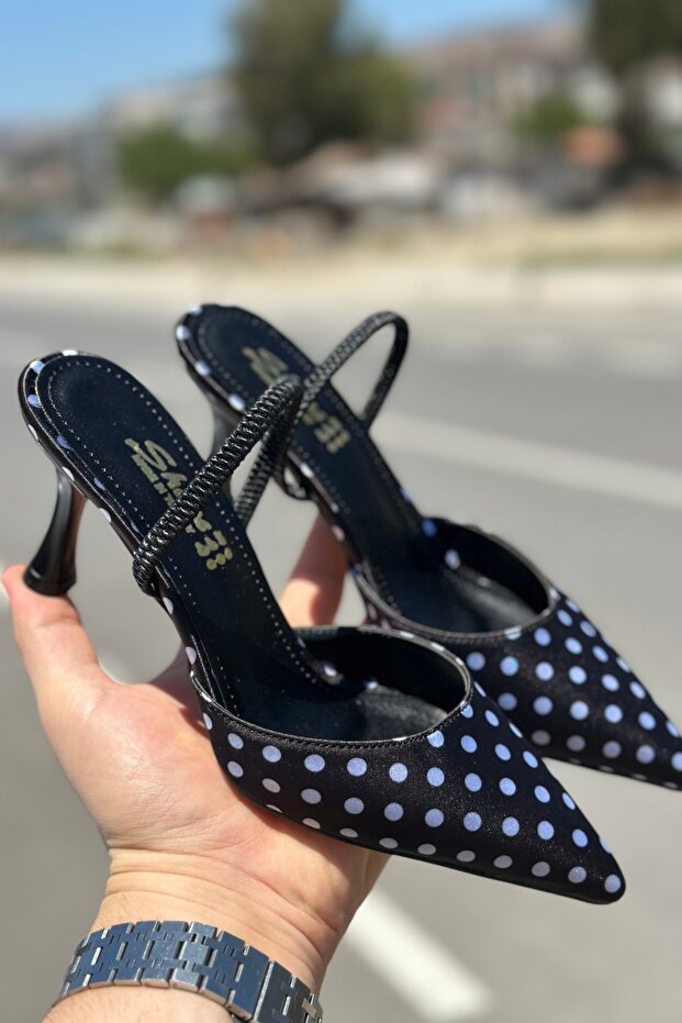 Bella Women's Black and White Polka Dot Pointed Toe Thin Heel Back Open Elastic Shoes