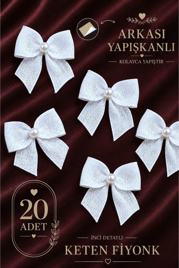 Adhesive Pearlized Linen Bow 20 Pieces White -Gift Package-Wedding Favors-Invitation-Dowry-Decoration