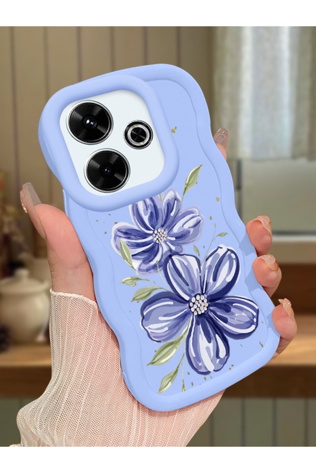 Redmi 13X Compatible Case Camera Protector Blue Silicone Couple Phone Case Floral Pattern