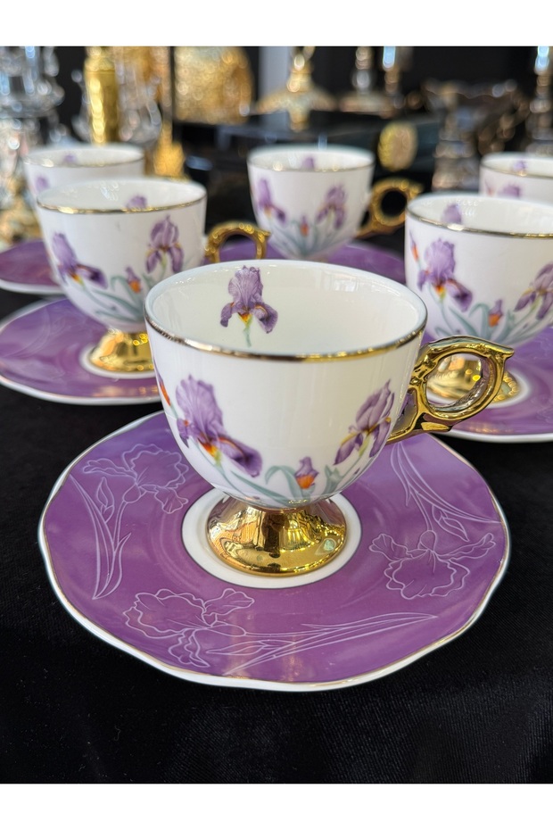 6-Piece Porcelain Coffee Cup Set with Purple Flower Figures and Gold Plating, 90 ml