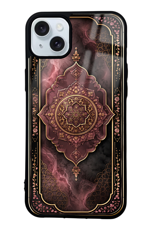 iPhone 15 Plus Glossy Phone Case with Rosewood Ottoman Medallion Design