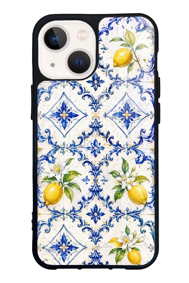 iPhone 13 Mini Glossy Phone Case with Sapphire Lemon Tiles Design
