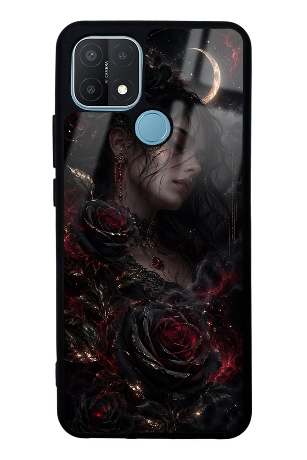 Oppo A15 Glossy Phone Case with Crimson Moon Rose Design