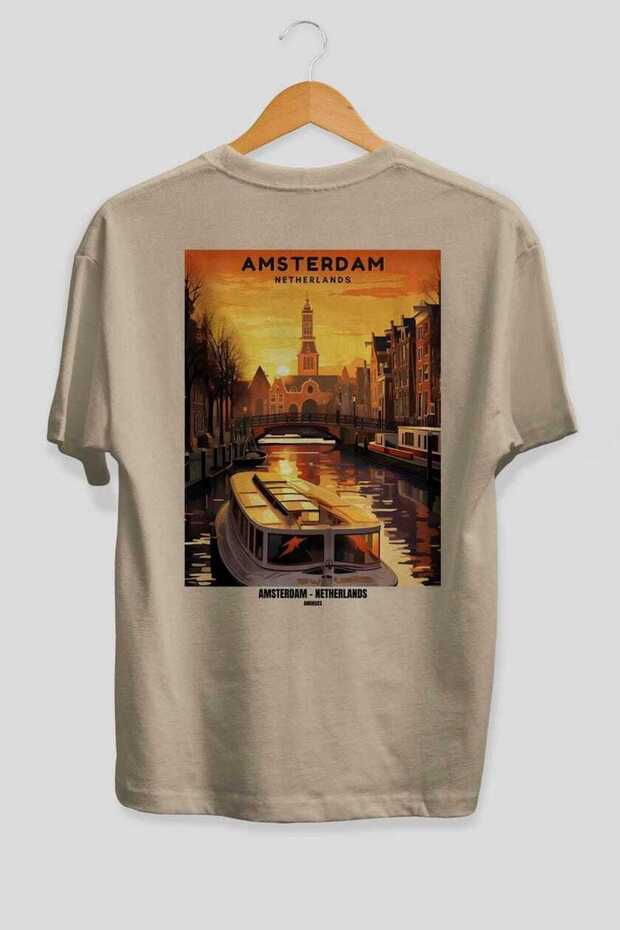 Amsterdam Netherlands 3 Beige Oversize Country City Back Printed Unisex T-Shirt 100% Cotton Premium
