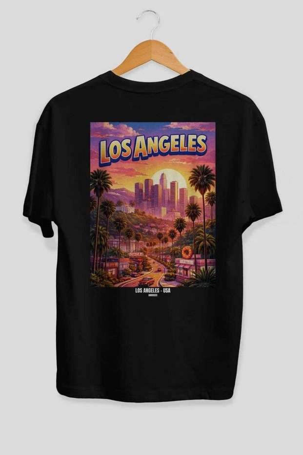 Los Angeles Black Oversize Country City Back Printed Unisex T-Shirt 100% Cotton Premium
