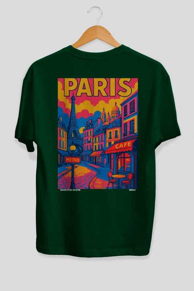 Paris France 3 Green Oversize Country City Back Printed Unisex T-Shirt 100% Cotton Premium