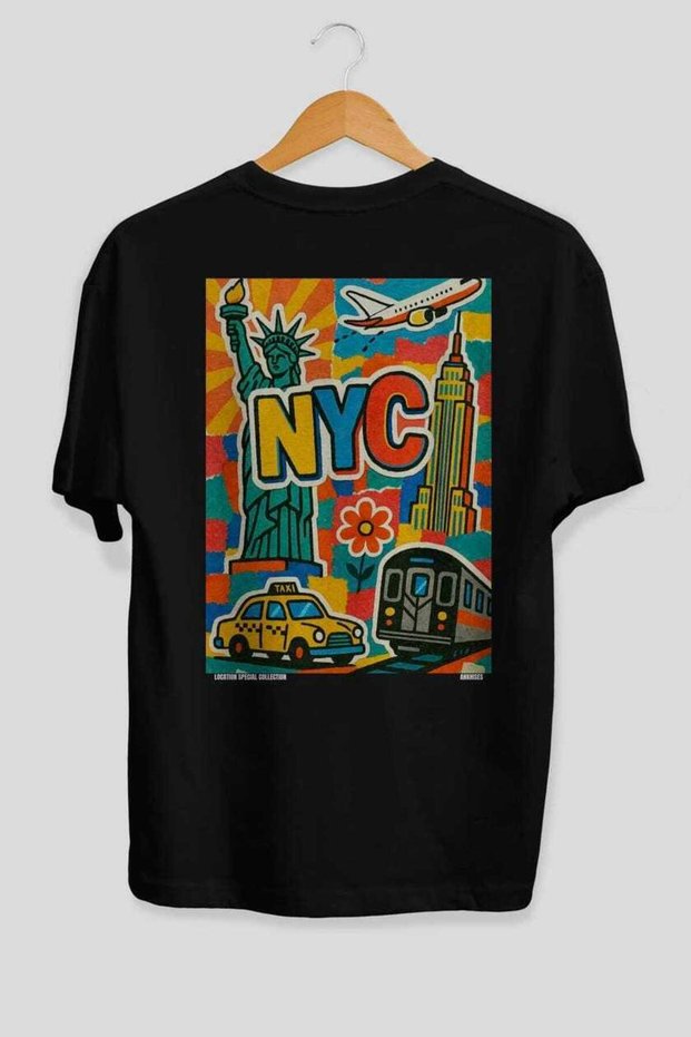 Nyc Usa Black Oversize Country City Back Printed Unisex T-Shirt 100% Cotton Premium