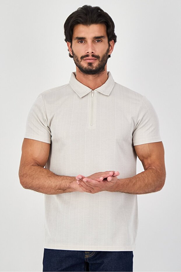 Men Regular Fit Herringbone Short Sleeve Polo Shirt, Beige