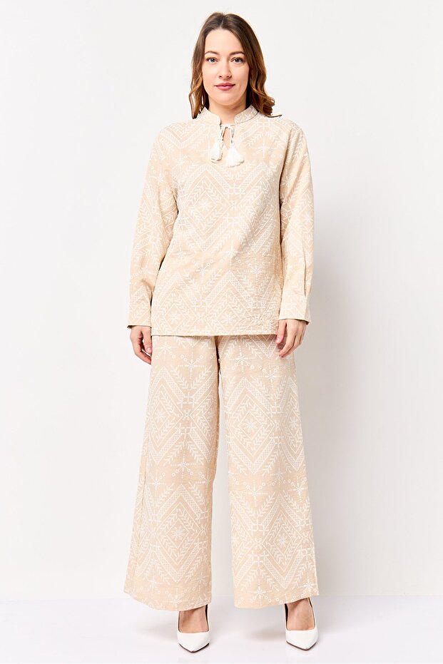 Jeans Women 2 Pieces Embroidered Blouse With Pants Coord Set, Beige