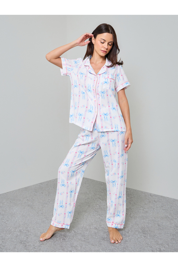 White Bow Print Shirt And Pyjama Set