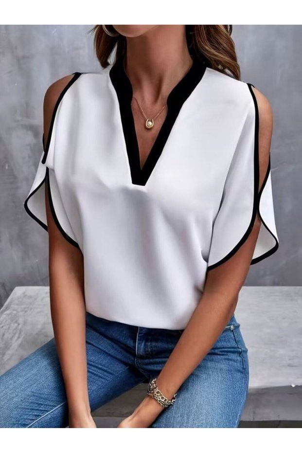 Women's Short Sleeve V-Neck Imported Crepe Blouse