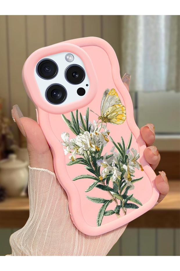 iPhone 16 Pro Compatible Case with Camera Protector Pink Silicone Couple Phone Case Butterfly Pattern