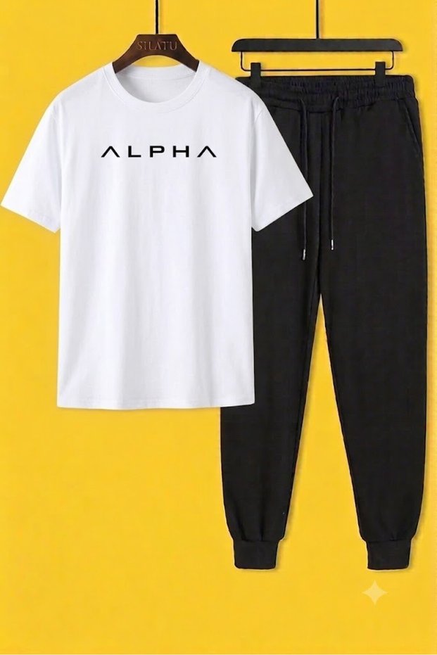 Unisex Alpha Printed Black Tracksuit T-Shirt Set