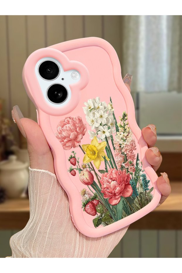 iPhone 16 Plus Compatible Case with Camera Protection Pink Silicone Couple Phone Case with Floral Pattern