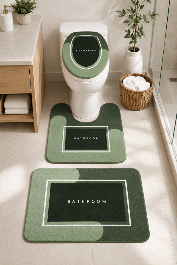 Non-Slip Based Washable 3-Piece Toilet Set Green Bath Mat – Modern Bathroom Rug