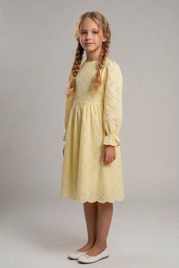 Girls' Belted Embroidered Dress, Cotton Long Sleeve Midi Length Dress, Ages 5-12