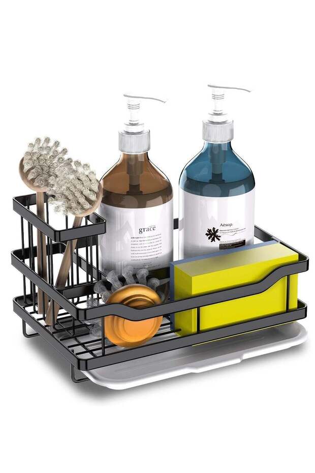 Kitchen Sink Shelf,Soap Sponge Drain Rack Holder,304 Self-Drainage Kitchen Sink Caddy,Rustproof Waterproof Quick Drying Dish Sponge Organizer,Bathroom Accessorie(Black)