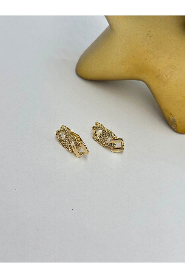 Zircon Stone Detailed Button Hoop Earrings (Brass Plated)