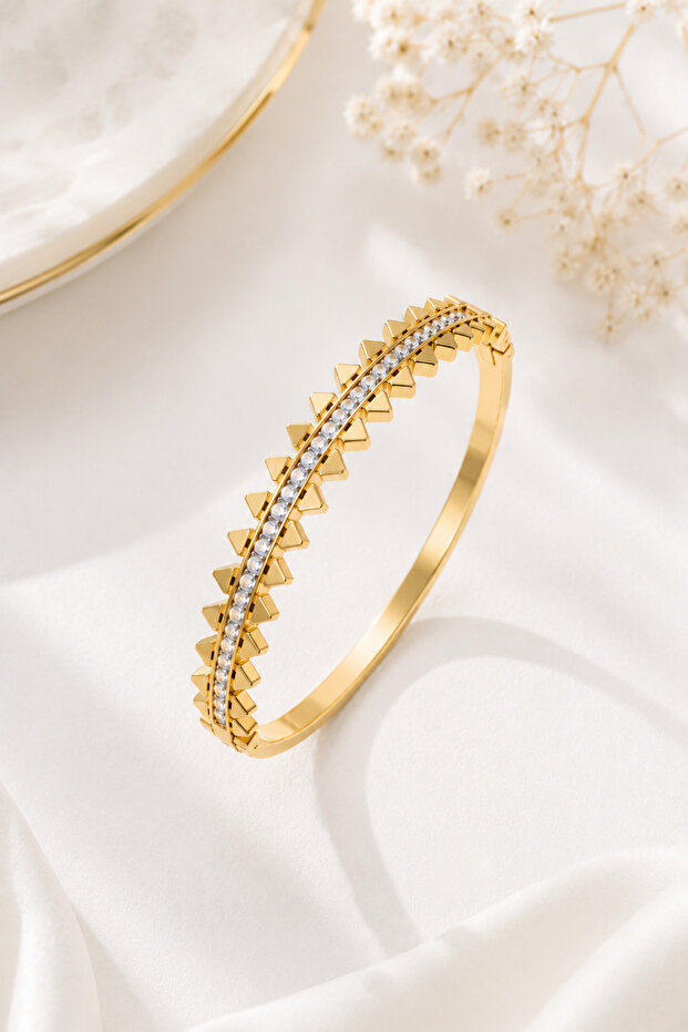 Vetra Gold Bangle – Stone Detailed Geometric Gold Cuff Women's Bracelet