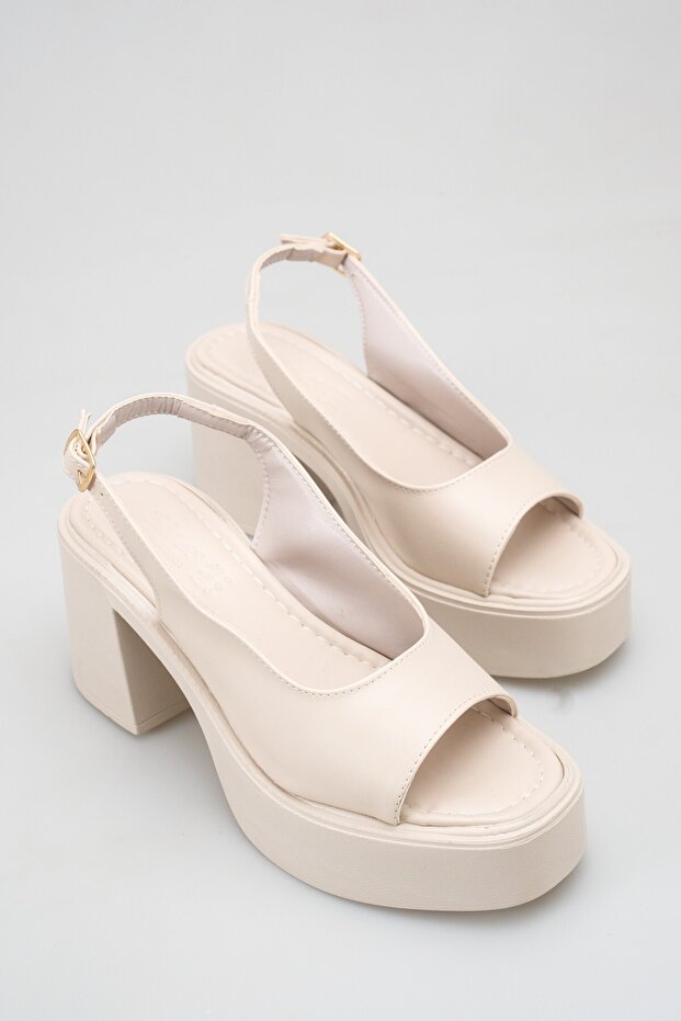 Women's Beige Thick-Heeled Sandals with Open Back, Casual Shoes