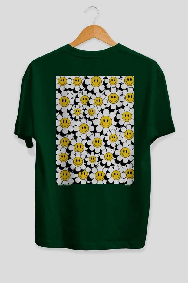 Daisy Emoji Oversize Back Printed Green T-Shirt Unisex %100 Cotton Premium Design Streetwear