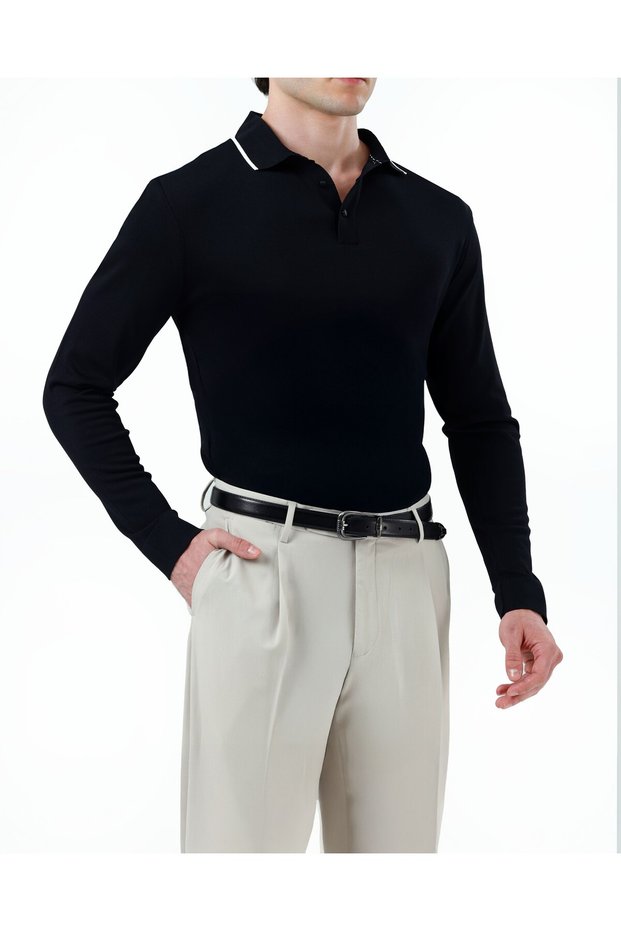 Italian Style Slim Fit Men's Polo Collar Long Sleeve Knitwear T-Shirt Black T20033-01