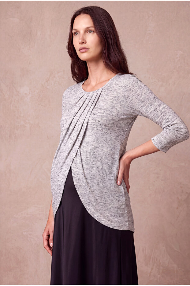 Maternity White Viscose Crew Neck 3/4 Sleeve Front Pleated Asymmetrical Breastfeeding Blouse Rabitha