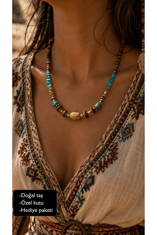 Bohemian Ethnic Design Women's Necklace with Natural Stone Turquoise and Natural Jasper Stone
