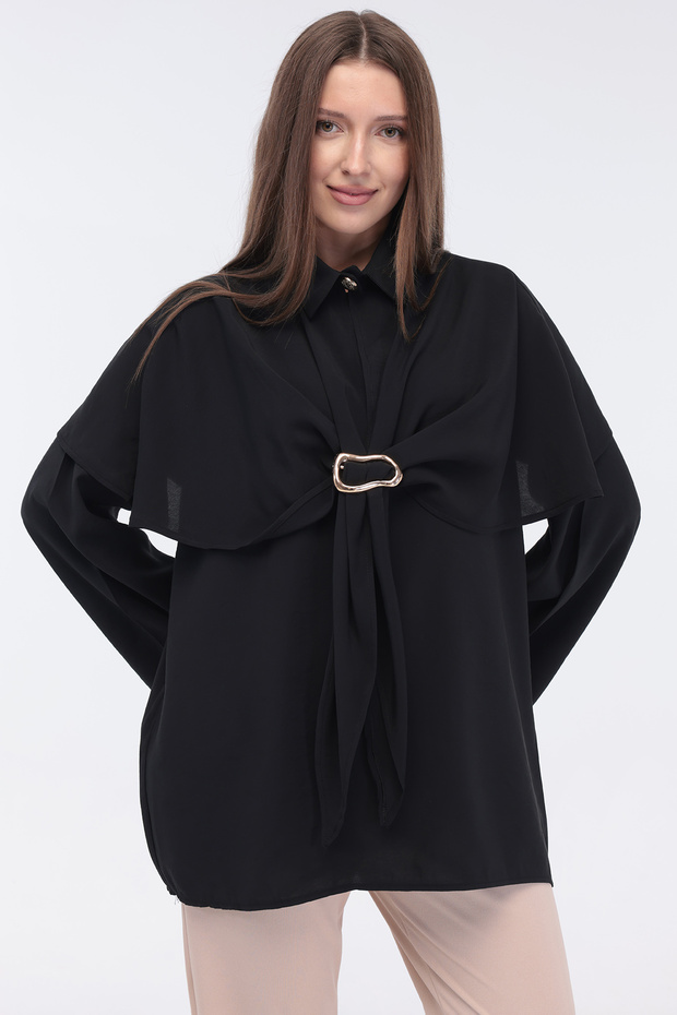 -Double Tunic with Cape Buckle Fastening at the Waist, Modal Woven Fabric