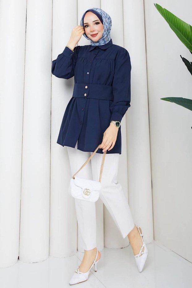 Women's Long Sleeve Waist Belted Shirt Collar Balloon Sleeve Buttoned Hijab Tunic Shirt