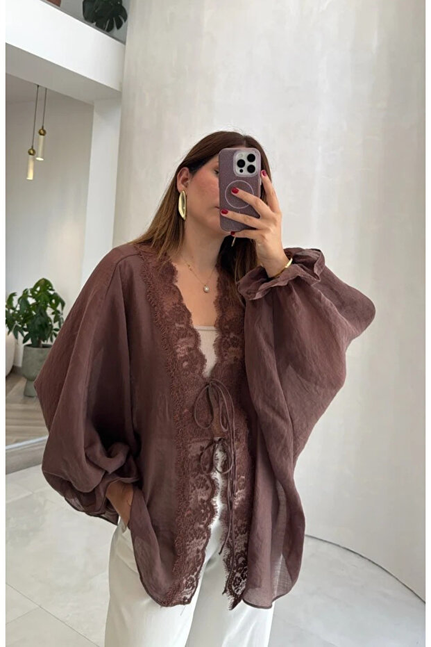 Brown Transparent Lace Shirt - 5108