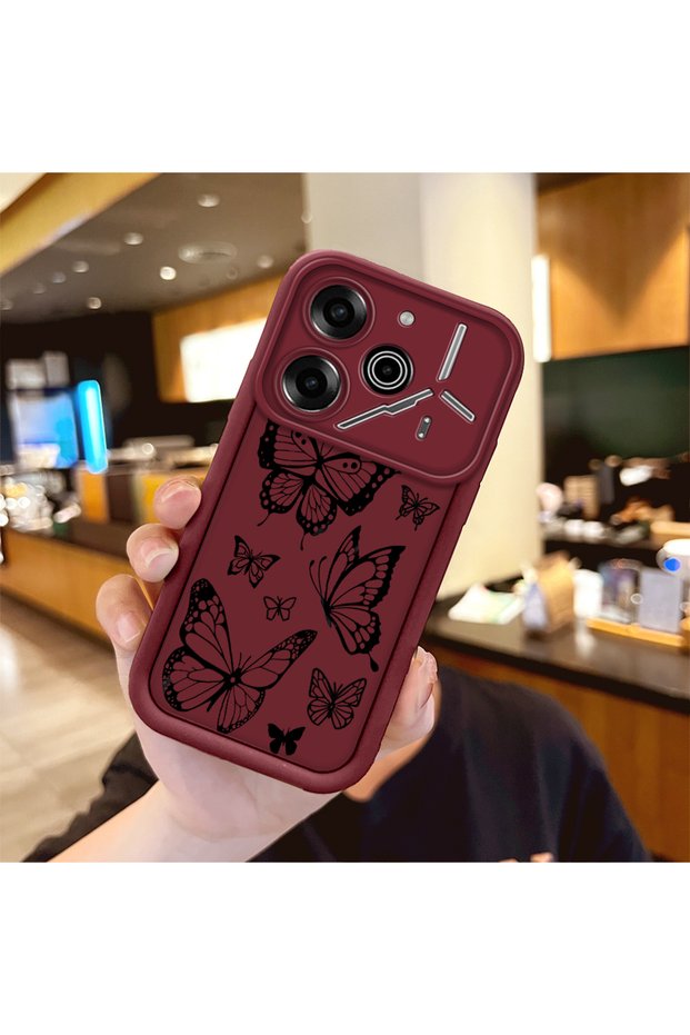Tecno Pova 6 Compatible Case Camera Protector Claret Red Silicone Couple Phone Case Butterfly Pattern