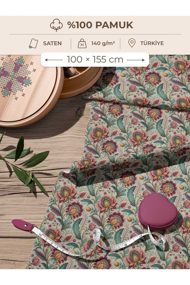 100% Cotton Satin Fabric 100X155 cm Cream Background Color Flower Patterned Decorative Patchwork Fabric