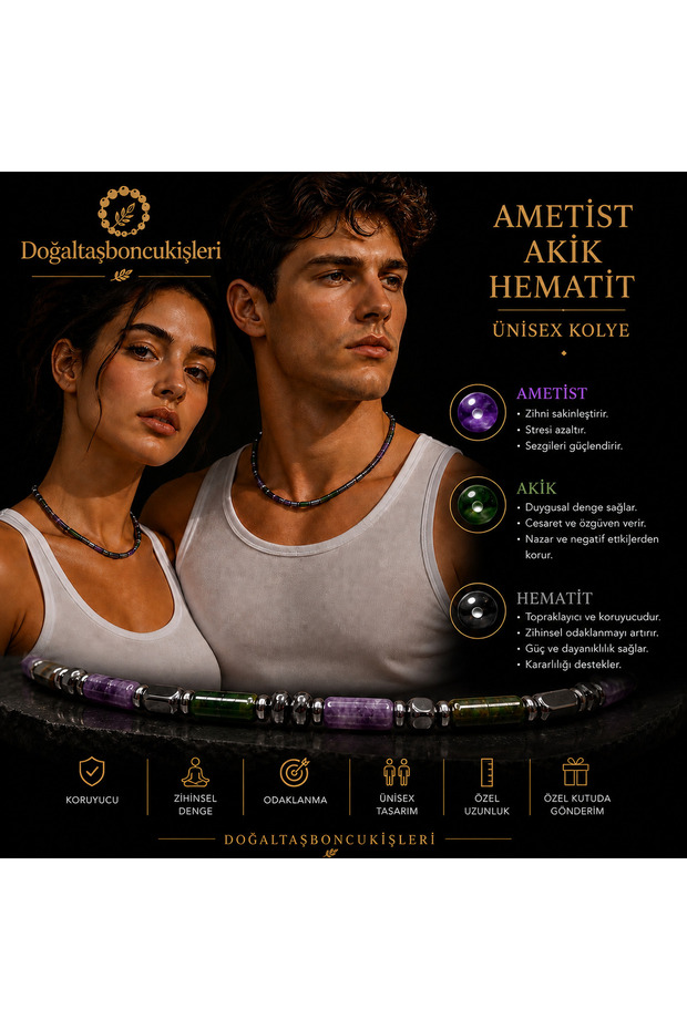 Ametist Akik Hematit Men's Necklace