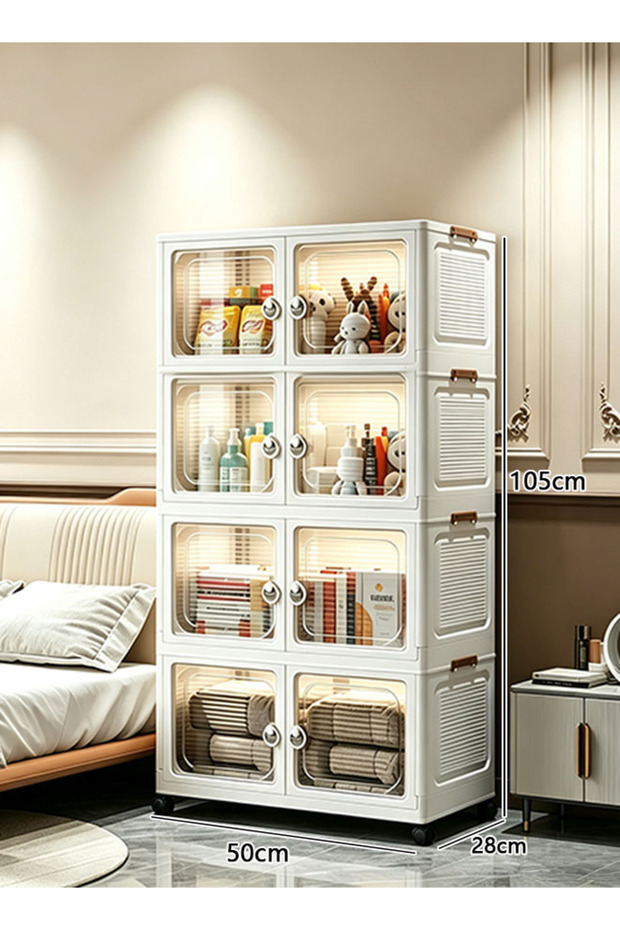 4 Tier Foldable Storage Cabinet with Doors and Wheels, 50cm Wide Plastic Storage Organizer