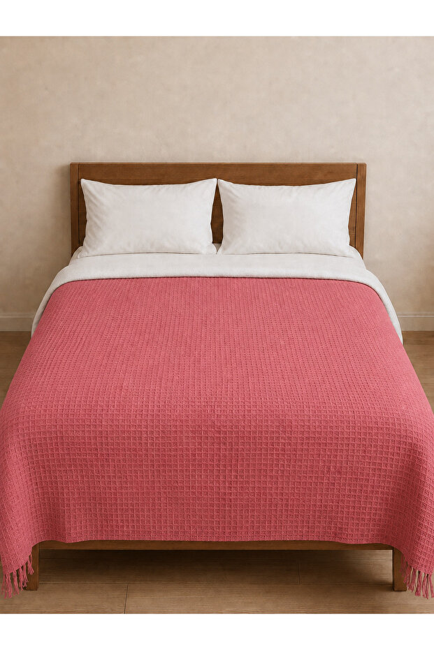 Dusty Rose Waffle Pike 180X220 cm Double Bed and Sofa Cover with Tassels