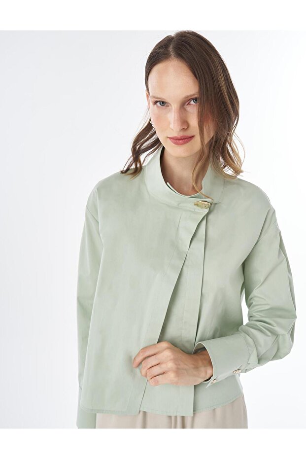 Shiny Buttoned Cotton Blouse Mint